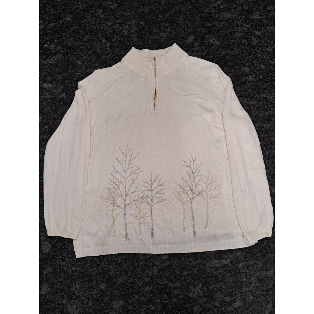 Coldwater Creek Vintage Ivory White Beaded Winter Tree Sweater XL Partial Zip